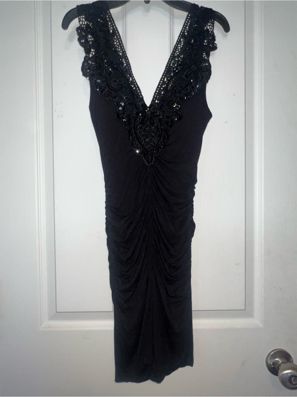 Black V-Neck Lace-Trim Ruched Mini Dress